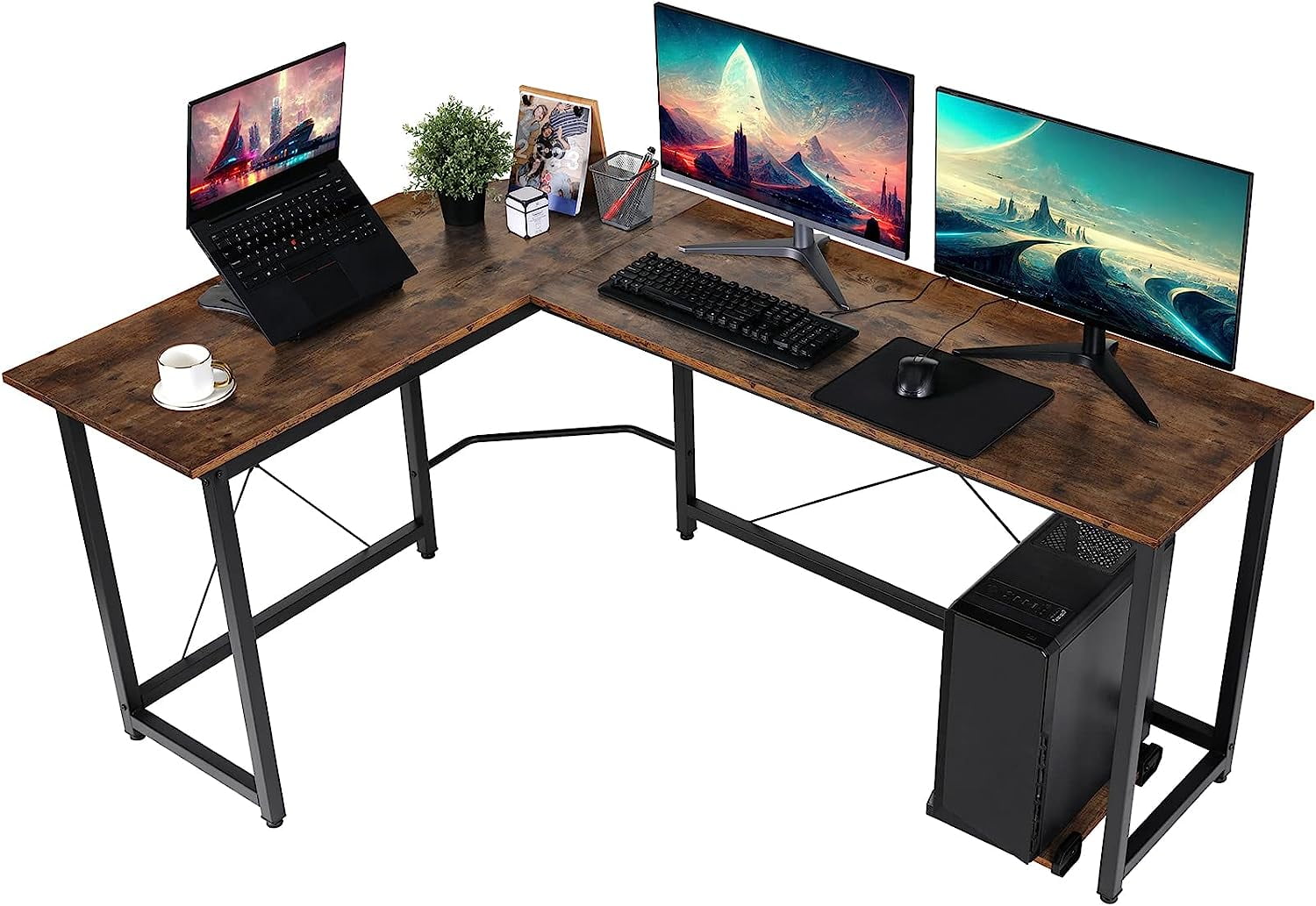 66 L Shaped Gaming Corner Computer Desk with CPU Stand and Foot Rest Bar,  PC Laptop Study Table Workstation Gaming Desk for Home Office, Black 