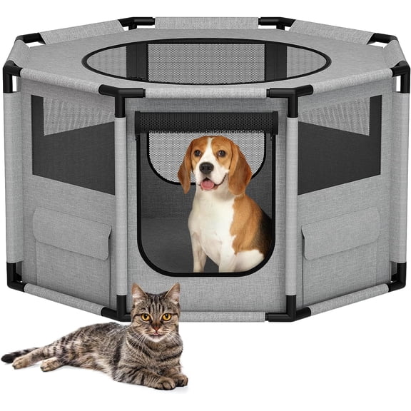 Arlopu Large Dog Playpen, Oxford Fabric Dog Fence, Octagon Dog Crate, Indoor Dog Kennel Pet Cat Cage with Breathable Mesh, Steel Frame