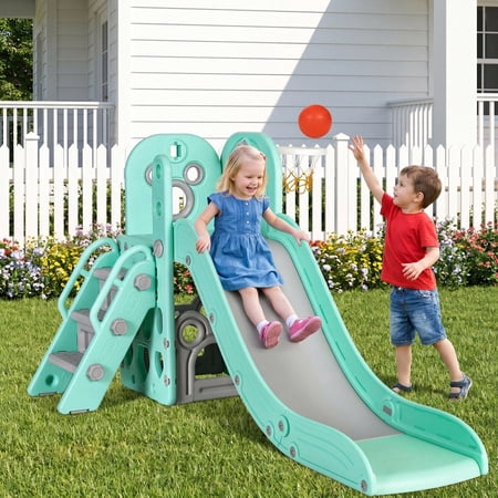 Arlopu Kids Slide PlaySet w/ Basketball Hoop & Ball, Storage Space, Non-Slip Steps, Indoor Outdoor Toy for Toddlers 2+ Years, Green