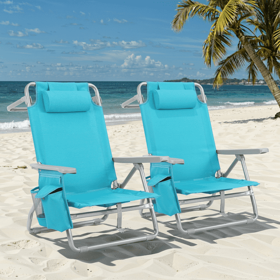 Arlopu Low Beach Chairs for Adults 2 Pack, 5 Position Backpack Beach Chair w/ Headrest, Cooler Pouch, Storage Bag, Towel Bar, Foot Mat