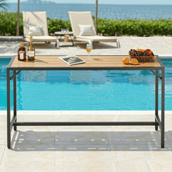 Arlopu Outdoor Bar Table, 63" Patio Counter Height Pub Table, Adjustable Foot & Waterproof Metal Frame, Rectangle Dining Table for Balcony Poolside Kitchen
