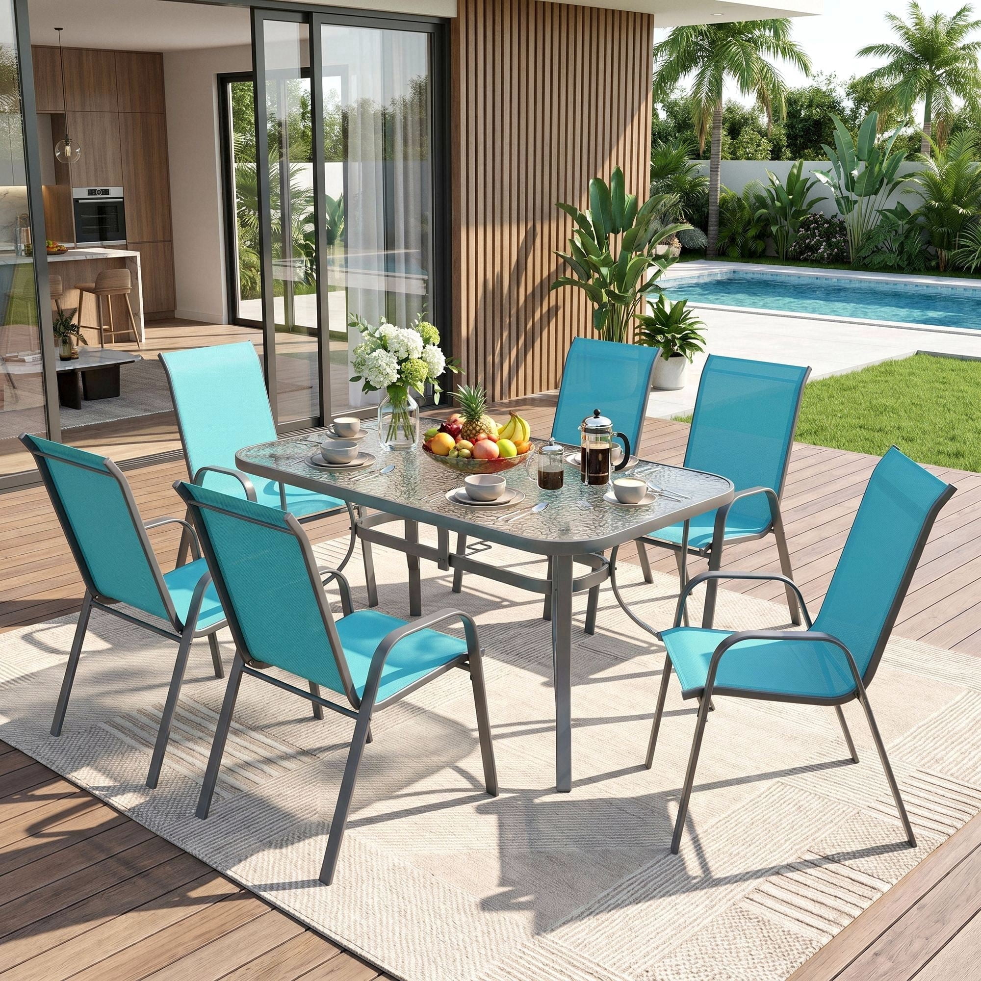 glass top patio set umbrella Outsunny 6 Piece Dining for 4 with Umbrella, Beige making them ideal for barbeques Walsunny 6 Piece Patio Furniture