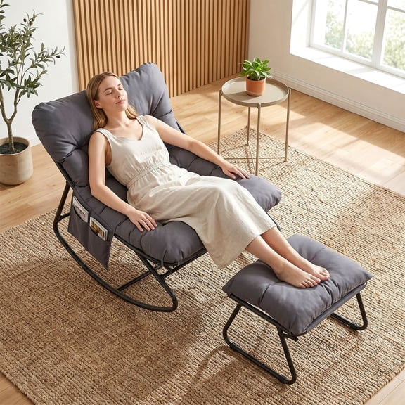 Arlopu Outdoor Papasan Rocking Chair with Ottoman, Oversized Padded Lounge Rocker with Cushion, Comfy Wicker Egg Lounge Chair, Large Indoor Rocking Recliner for Garden Porch Lawn Balcony