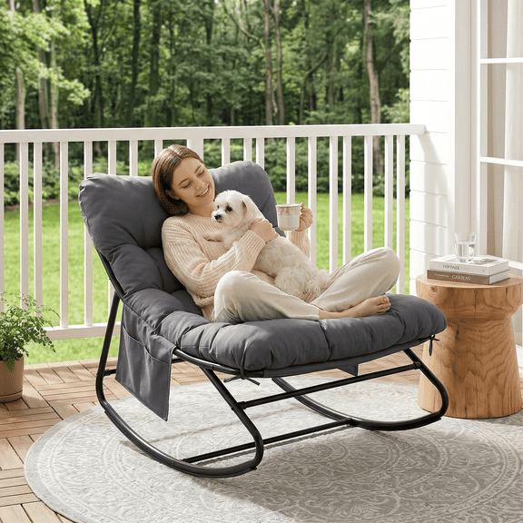 Arlopu Outdoor Papasan Rocking Chair, Oversized Padded Lounge Rocker with Cushion, Comfy Wicker Egg Lounge Chair, Large Indoor Rocking Recliner for Garden Porch Lawn Balcony