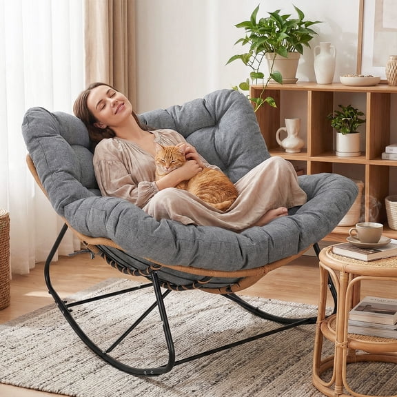Arlopu Rocking Papasan Chair, Oversized Padded Lounge Rocker with Cushion, Large Indoor/Outdoor Rocking Recliner for Living Room/Garden, Dark Gray