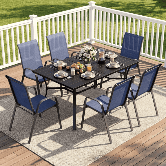 Arlopu Outdoor Patio Dining Set for 6, 63''x38'' Rectangular Metal Table & 6 Stackable Textilene Chairs w/ Umbrella Hole & Foot Pads for Graden Backyard, Dark Blue