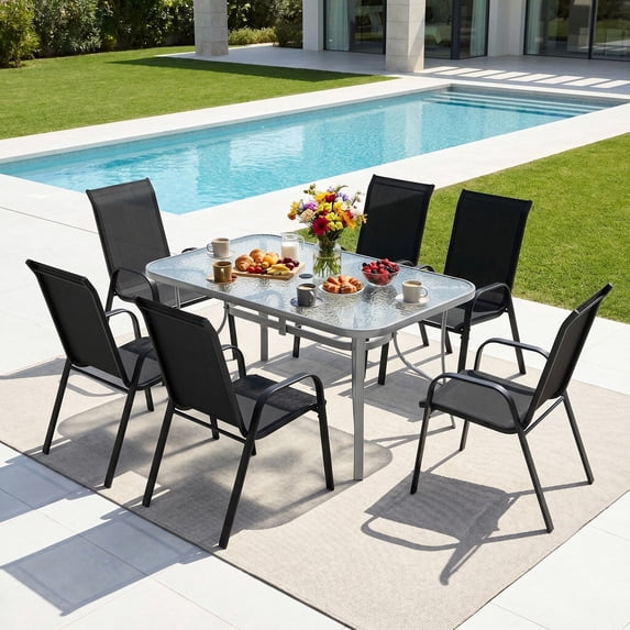 Arlopu Outdoor Patio Dining Set of 7, Rectangular Dining Table with Umbrella Hole and 6 Stackable Chairs for Lawn, Deck, Poolside, Backyard