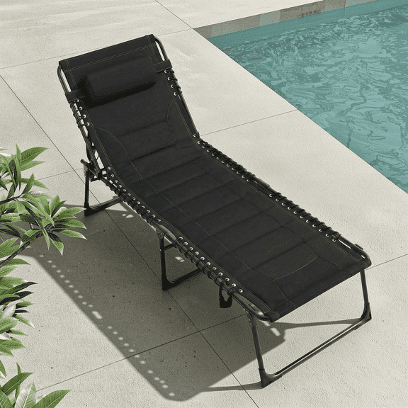 Arlopu Padded Folding Chaise Lounge Chair, 5-Position Adjustable, Portable Reclining Chair with Pillow & Side Pocket for Patio Beach Pool, Black