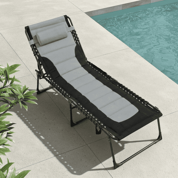 Arlopu Padded Folding Chaise Lounge Chair, Heavy Duty Reclining Chair with Pillow & Side Pocket for Patio Beach Pool, 5-Position Adjustable, Gray