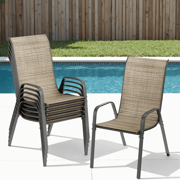 Arlopu 6pcs Patio Dining Chairs for All Weather, Outdoor Stackable Armrest Chair Set for Garden Poolside, Brown