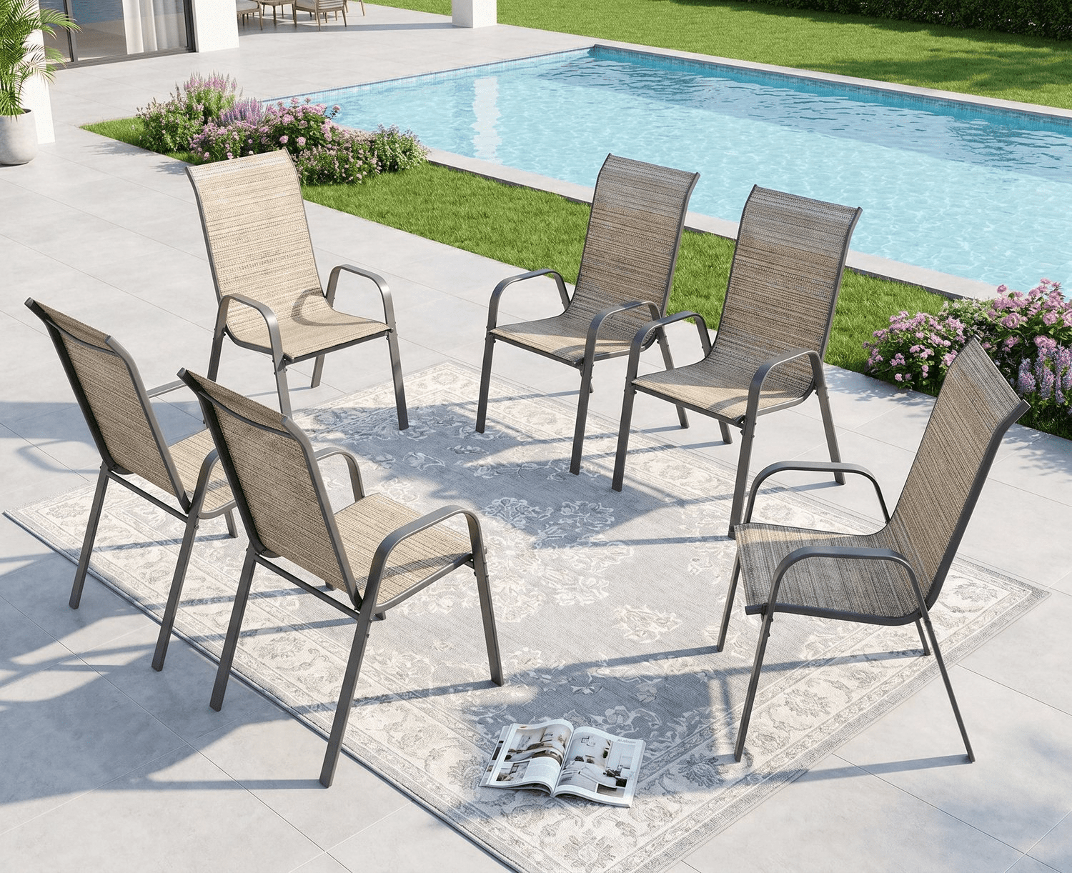 Arlopu 6pcs Patio Dining Chairs for All Weather, Outdoor Stackable Armrest Chair Set for Garden Poolside, Brown