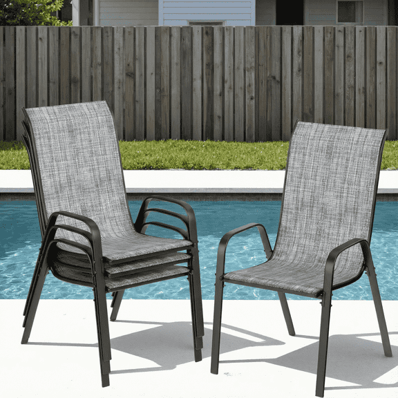 Arlopu Patio Chairs Set of 4, Outdoor Stackable Dining Chairs with Armrest for Lawn Backyard Deck, Gray