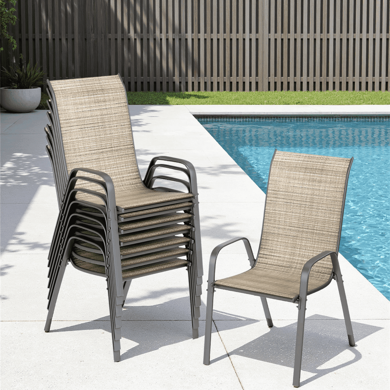 Arlopu Patio Dining Chairs Set of 8, Outdoor Dining Chairs with Steel Frame & All-Weather Textilene, Stacking Chairs for Poolside Backyard Garden
