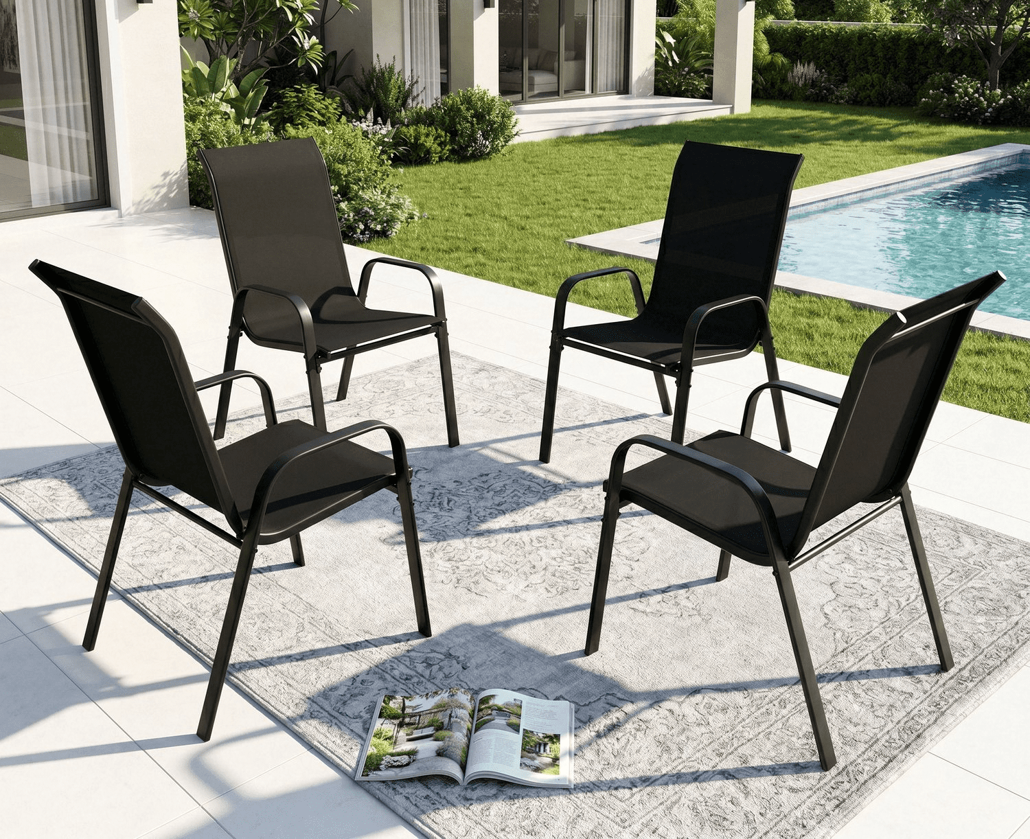 Arlopu Patio Dining Chairs Set of 4, Outdoor Stackable Chairs for Backyard Porch Garden, Black
