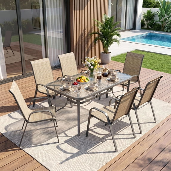 Arlopu 7pcs Patio Dining Table & Chair Set, Outdoor Dining Table with Umbrella Hole & 6 Textilene Chairs for Graden Backyard, Brown