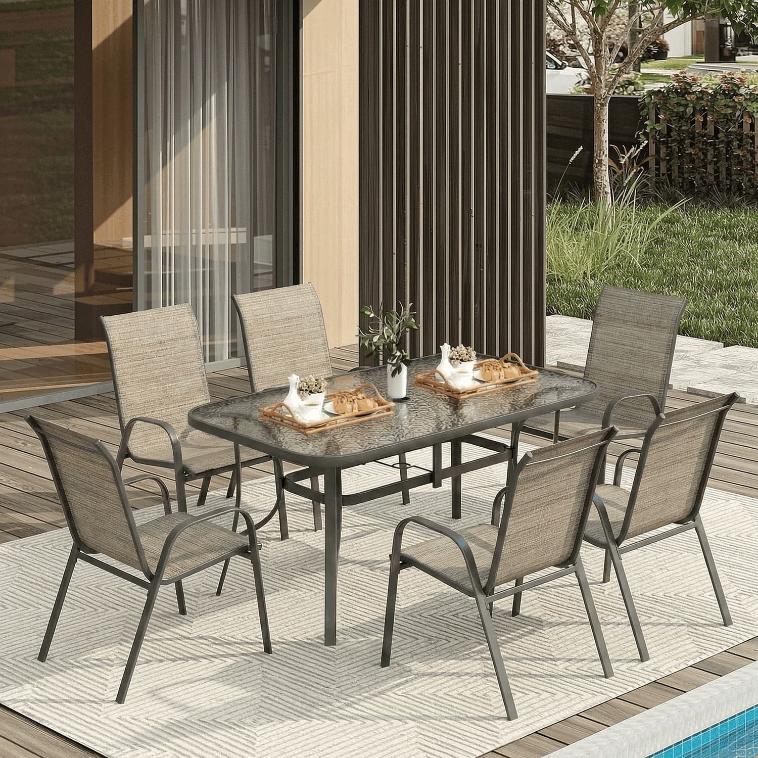 Arlopu 7pcs Patio Dining Table & Chair Set, Outdoor Dining Table with Umbrella Hole & 6 Textilene Chairs for Graden Backyard, Brown