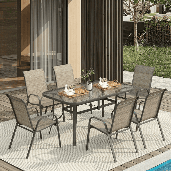 Arlopu 7pcs Patio Dining Table & Chair Set, Outdoor Dining Table with Umbrella Hole & 6 Textilene Chairs for Graden Backyard, Brown