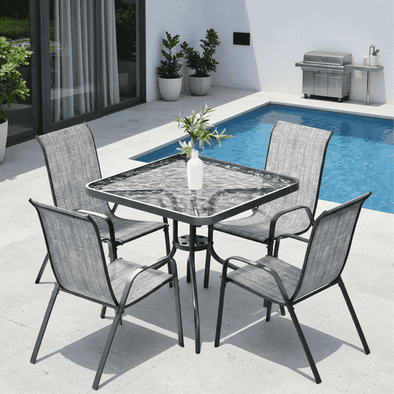 Arlopu 5pcs Outdoor Furniture Set w/ Dining Table & 4 Textilene Chairs, Metal Table with Umbrella Hole for Backyard Garden, Gray