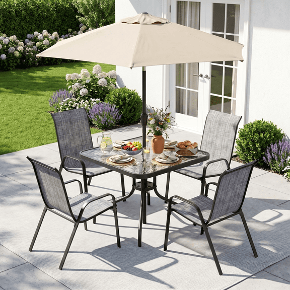 Arlopu 5pcs Outdoor Furniture Set w/ Dining Table & 4 Textilene Chairs, Metal Table with Umbrella Hole for Backyard Garden, Gray