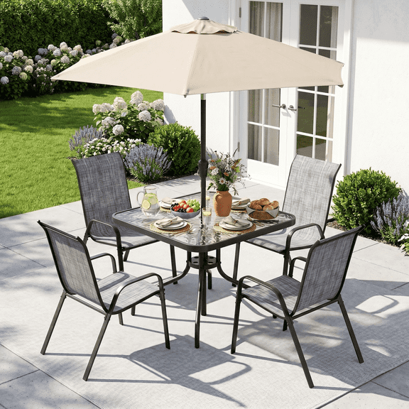 Arlopu 5pcs Outdoor Furniture Set w/ Dining Table & 4 Textilene Chairs, Metal Table with Umbrella Hole for Backyard Garden, Gray