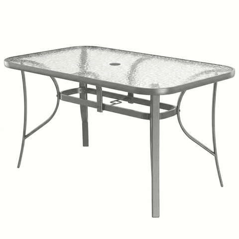 Arlopu Rectangular Patio Table with Tempered Glass Top, All-Weather Resistance Dining Table with Umbrella Hole for Garden & Backyard, Gray