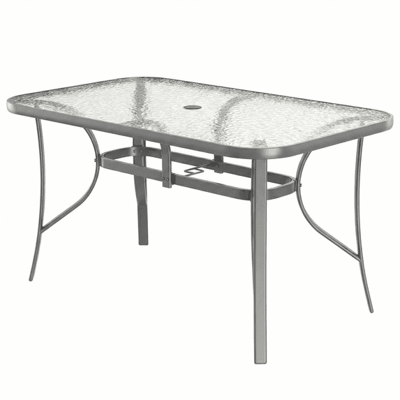 Arlopu Rectangular Patio Table with Tempered Glass Top, All-Weather Resistance Dining Table with Umbrella Hole for Garden & Backyard, Gray