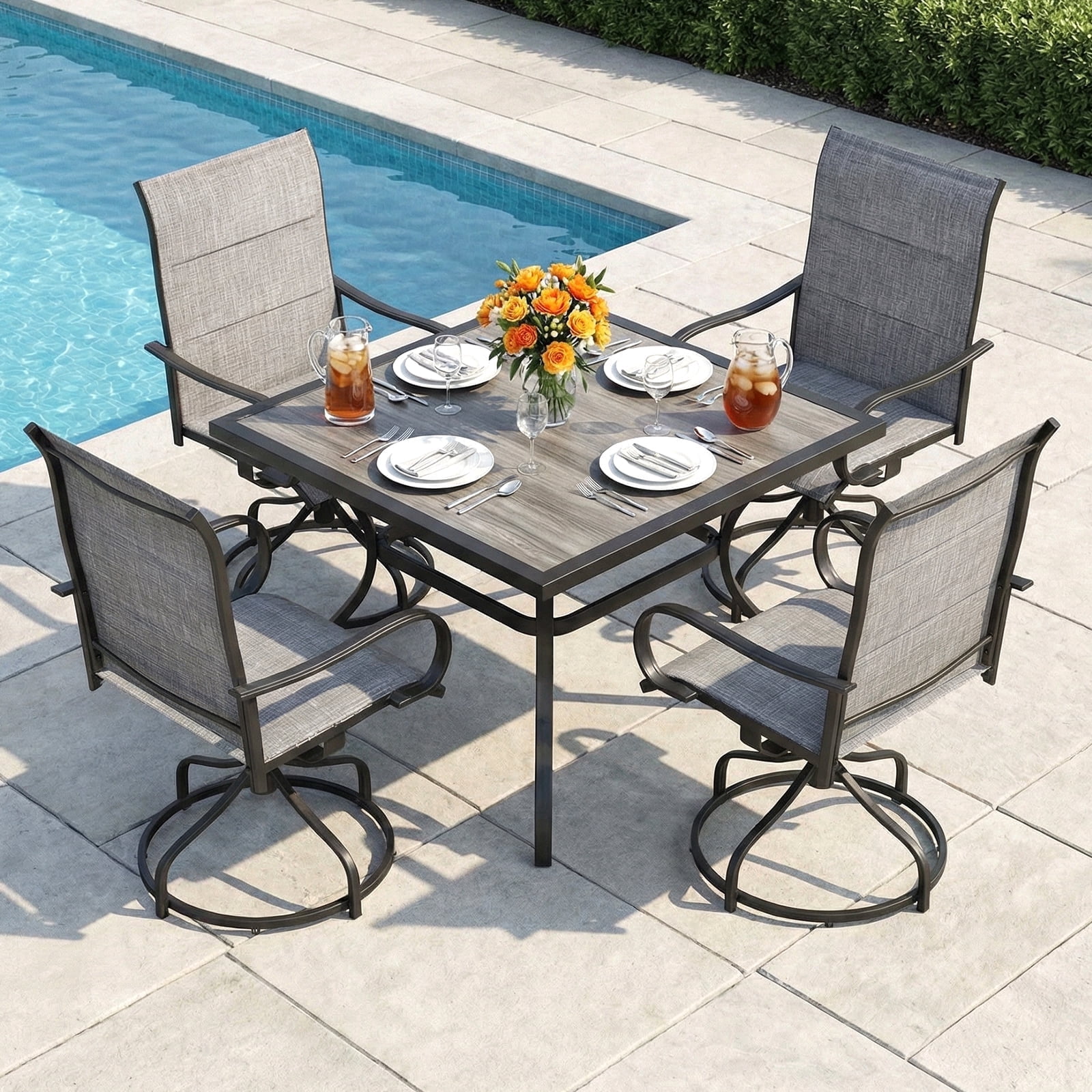 Arlopu Patio Swivel Chair Set of 4, Outdoor Dining Chairs High Back, Padded All Weather Breathable Textilene Outside Furniture Chair, Gray