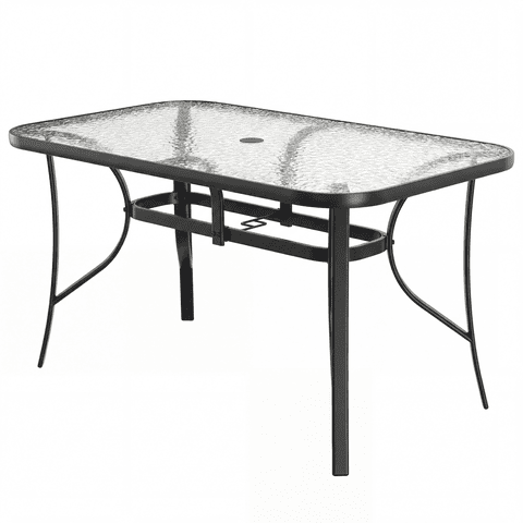 Arlopu Patio Tempered Glass Table, Rectangular Dining Table with Umbrella Hole, All-Weather Resistance Outdoor Table for Garden & Backyard, Black