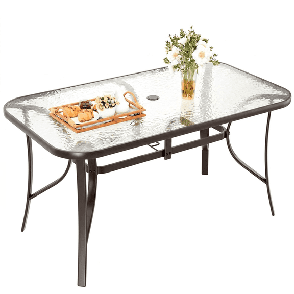 Arlopu Patio Tempered Glass Table, Rectangular Dining Table with Umbrella Hole, All-Weather Resistance Outdoor Table for Garden & Backyard, Brown