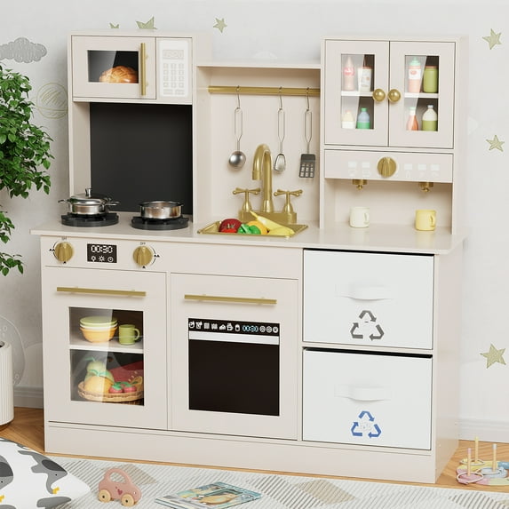 Arlopu Wooden Kids Pretend Play Kitchen Set w/ Realistic Light & Sounds, Interactive Cooking Toys w/ Cookware Accessories, Sink, Microwave & 2 Fabric Boxs, Gifts for Age 3+, Beige