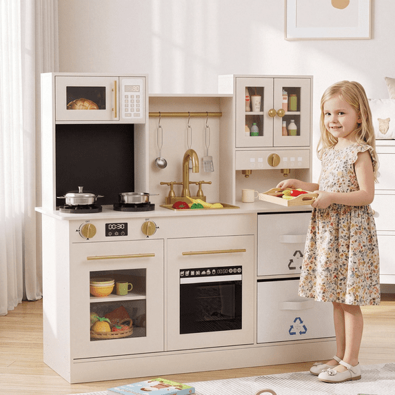 Arlopu Wooden Kids Pretend Play Kitchen Set w/ Realistic Light & Sounds, Interactive Cooking Toys w/ Cookware Accessories, Sink, Microwave & 2 Fabric Boxs, Gifts for Age 3+, Beige