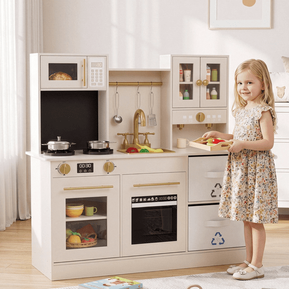Arlopu Wooden Kids Pretend Play Kitchen Set w/ Realistic Light & Sounds, Interactive Cooking Toys w/ Cookware Accessories, Sink, Microwave & 2 Fabric Boxs, Gifts for Age 3+, Beige