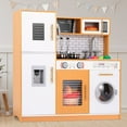 thumbnail image 1 of Arlopu Wooden Kids Play Kitchen, Toy Kitchen Playset w/ Realistic Sound & Light, Washing Machine, Water Dispenser, Stove, Telephone, Range Hood, Oven, Gifts for Boys Girls Age 3+, Orange, 1 of 9