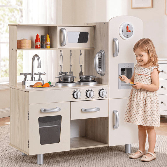 Arlopu Kids Play Kitchen, Wooden Kitchen Playset Interactive Toys with Sounds & Lights, Telephone, Water Dispenser, Cookware Accessories, Beige