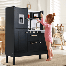 Arlopu Pretend Play Kitchen for Kids, Wooden Kitchen Playset with Telephone, Sink, Cooking Accessories