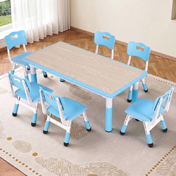 Arlopu Kids Table and 6 Chairs Set, Height Adjustable Graffiti Desk | Preschool Activity Table with Erasable Drawing Surface and Non-Slip Feet for Daycare Classroom Home for Age 3+