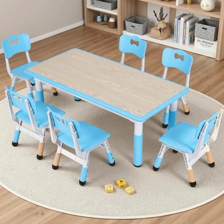 Arlopu Kids Table and 6 Chairs Set, Toddlers Height Adjustable Activity Art Table Set w/ Graffiti Desktop & Non-Slip Legs for Daycare Classroom Home, Blue