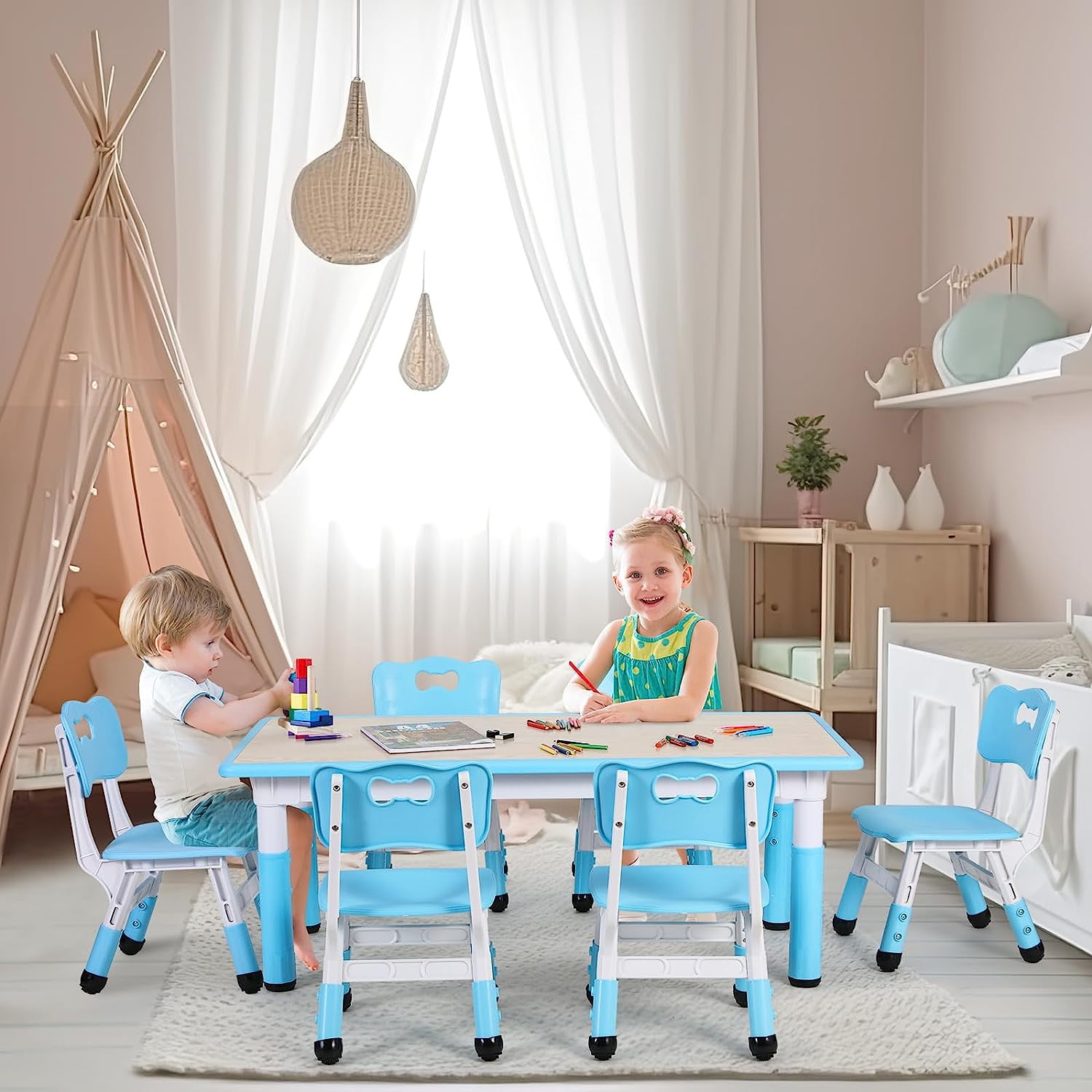 Arlopu Rectangle Kids Table with 6 Chairs Set, Height Adjustable Toddler  Multi Activity Table Set, Arts & Crafts Desk for Girls, Boys Age 2-10