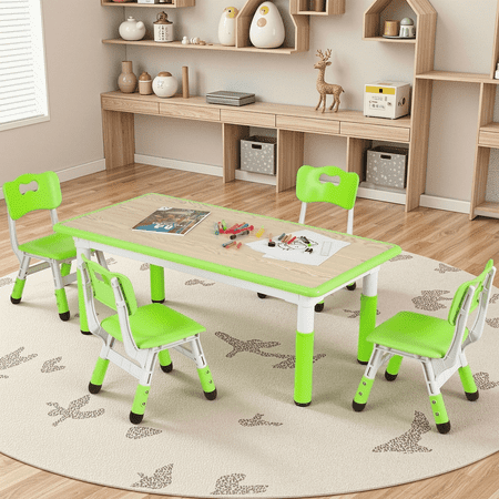 Arlopu Kids Table and 4 Chairs Set, Toddler Arts & Crafts Activity Table & Chairs, Adjustable Height