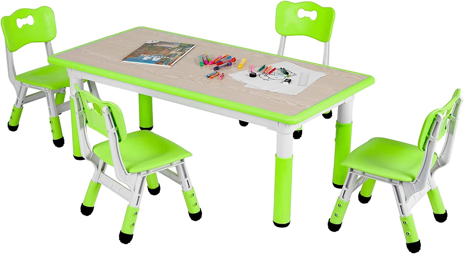 Arlopu Rectangular Kids Table and 4 Chairs Set, Plastic Desk Toddler ...