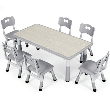 Arlopu Sturdy Kids Table and 6 Chairs Set, HDPE Toddler Study Activity Table Set with Graffiti Tabletop, Adjustable Height