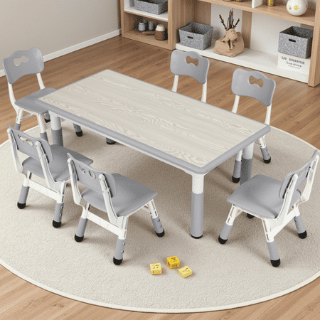 Arlopu Kids Table & 6 Chairs Set, Height Adjustable Toddler Table and Chairs Set for Ages 2+, Graffiti Desktop, Non-Slip Legs, Children Activity Table for Daycare Classroom Home, Gray