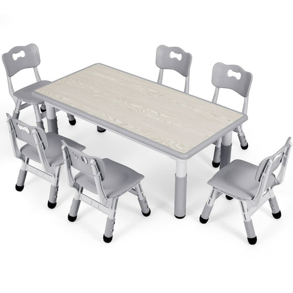 Arlopu Kids Table & 6 Chairs Set, Height Adjustable Toddler Table and Chairs Set for Ages 2 , Graffiti Desktop, Non-Slip Legs, Children Activity Table for Daycare Classroom Home, Gray