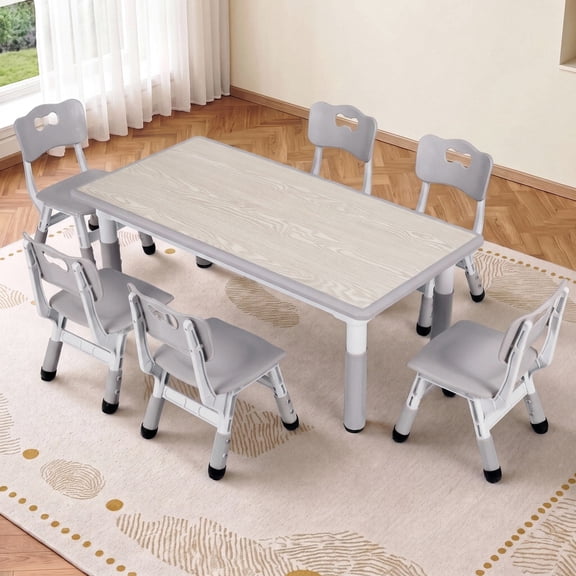Arlopu Kids Table & 6 Chairs Set, Height Adjustable Toddler Table and Chairs Set for Ages 2+, Graffiti Desktop, Non-Slip Legs, Children Activity Table for Daycare Classroom Home, Gray