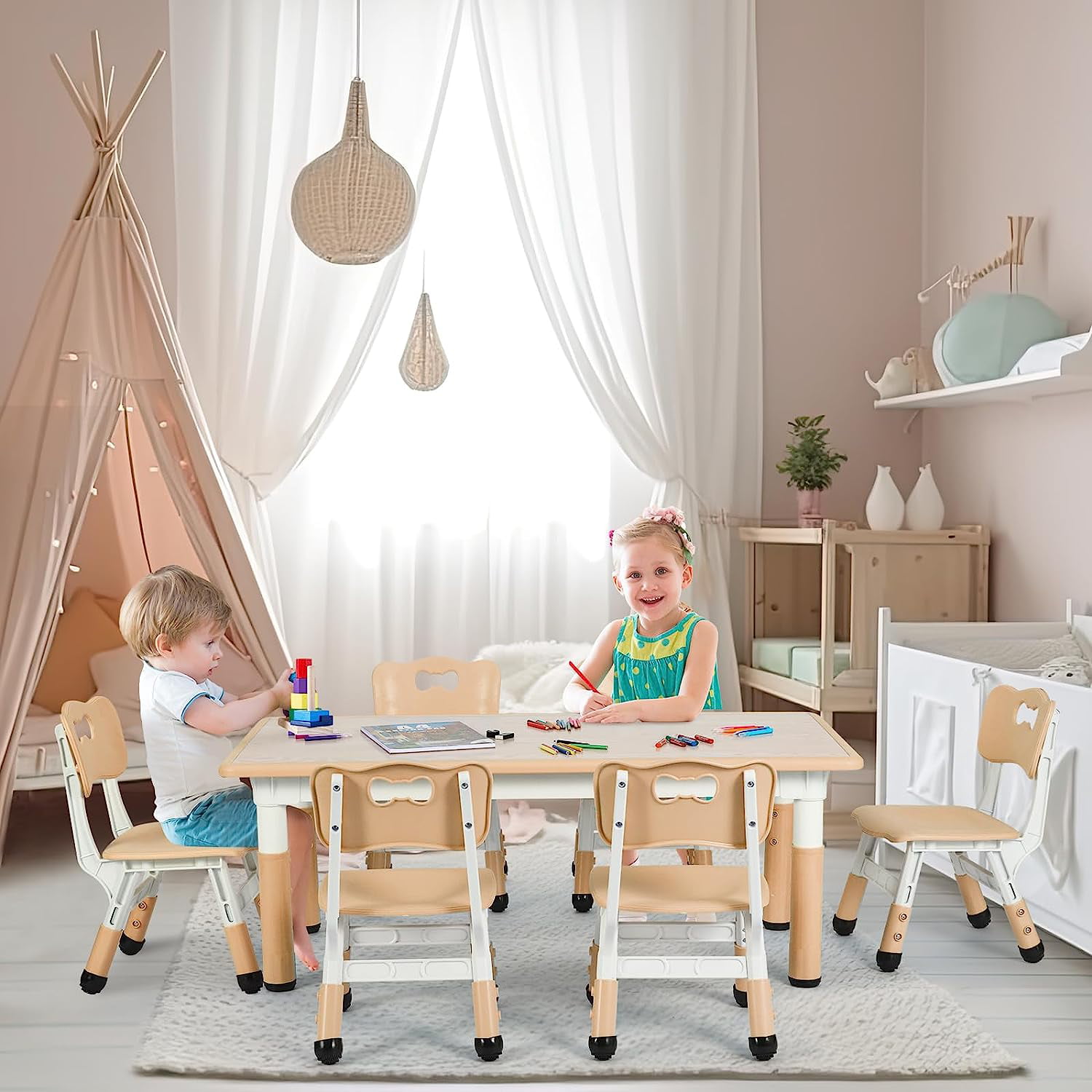 Arlopu Sturdy Kids Table and 6 Chairs Set with Height Adjustable