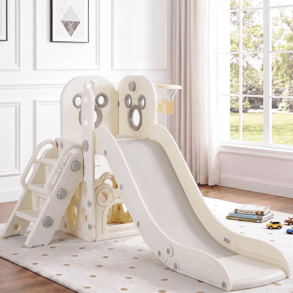 Arlopu Kids Slide PlaySet, Toddlers Climber Slide with Basketball Hoop & Ball, Anti-Slip Steps for Childrens 2+ Years, Playground Set for Backyard