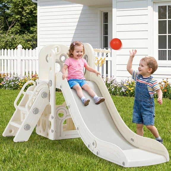 Arlopu Kids Slide PlaySet, Toddlers Climber Slide with Basketball Hoop & Ball, Anti-Slip Steps for Childrens 2+ Years, Playground Set for Backyard