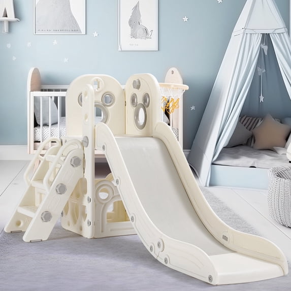 Arlopu Kids Slide PlaySet, Toddlers Climber Slide with Basketball Hoop & Ball, Anti-Slip Steps for Childrens 2+ Years, Playground Set for Backyard