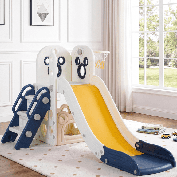 Arlopu Sturdy Toddler Slide with Basketball Hoop Plastic Kids Slide Climber with Anti-Slip Steps Indoor Outdoor Children Toy Playground