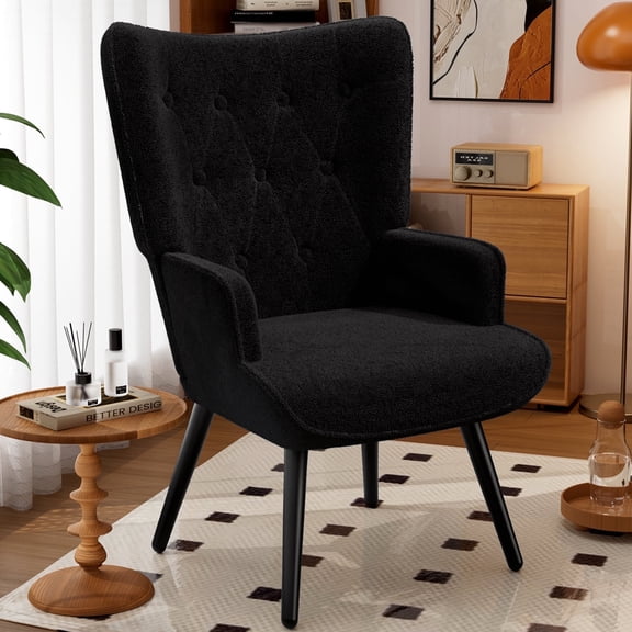 Arlopu Teddy Fabric Accent Chair, Comfy Upholstered Armchair, High Backrest Living Room Chair, Wingback Chair Mid Century Modern for Living Room/Vanity/Bedroom